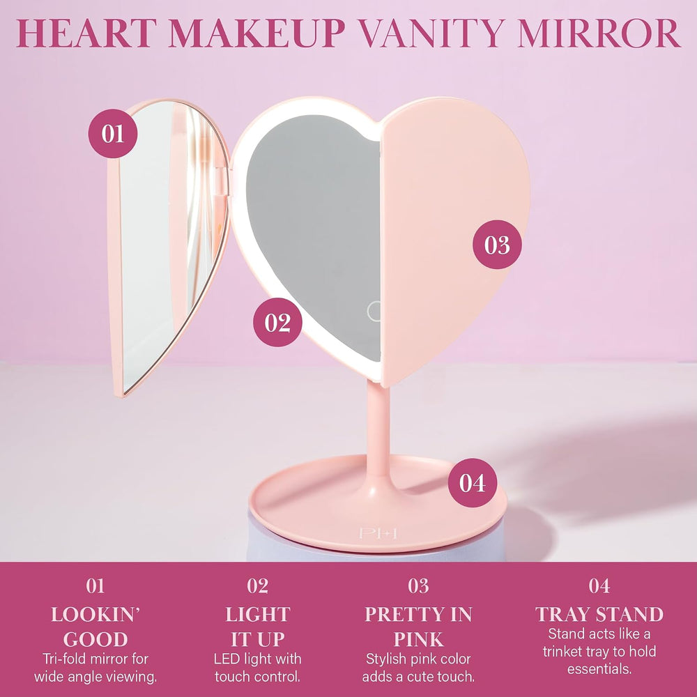 Paris Hilton Heart Makeup Vanity Mirror, LED Light with Touch Control, 180° R...