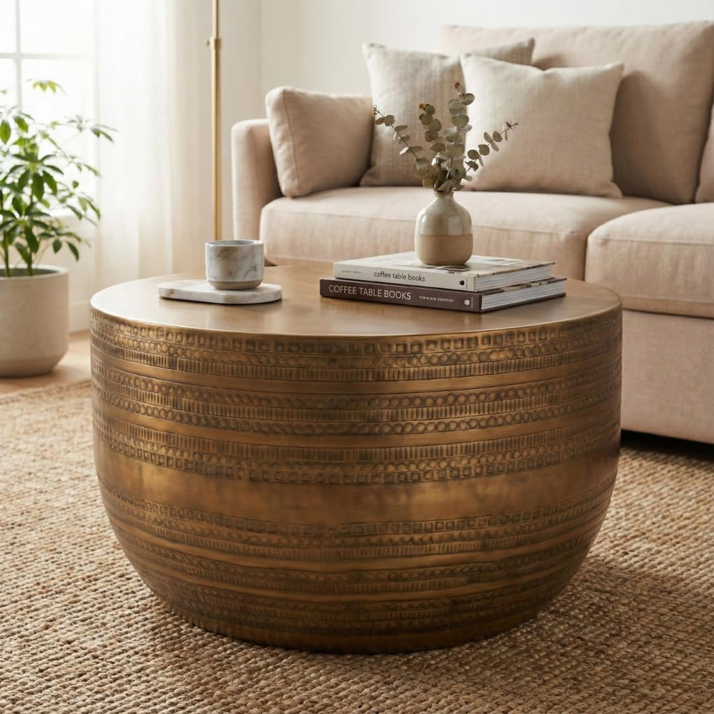 Albany Living Hammered Aluminum Drum Coffee Table, Brass Finish