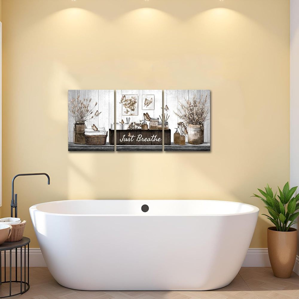 RnnJoile Brown Bathroom Decor Botanical Pictures Wall Art Just Breathe Sign C...