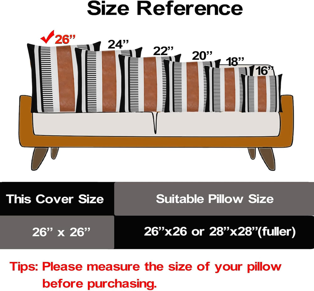 Decorative Striped Throw Pillow Cover 26x26 Inch Black White & Brown