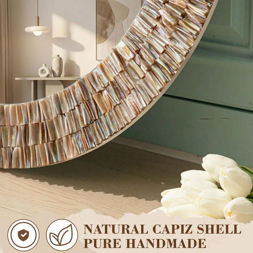 Sintuff Large 30 Inch Round Capiz Shell Mirror Coastal Seashell Wall Decor