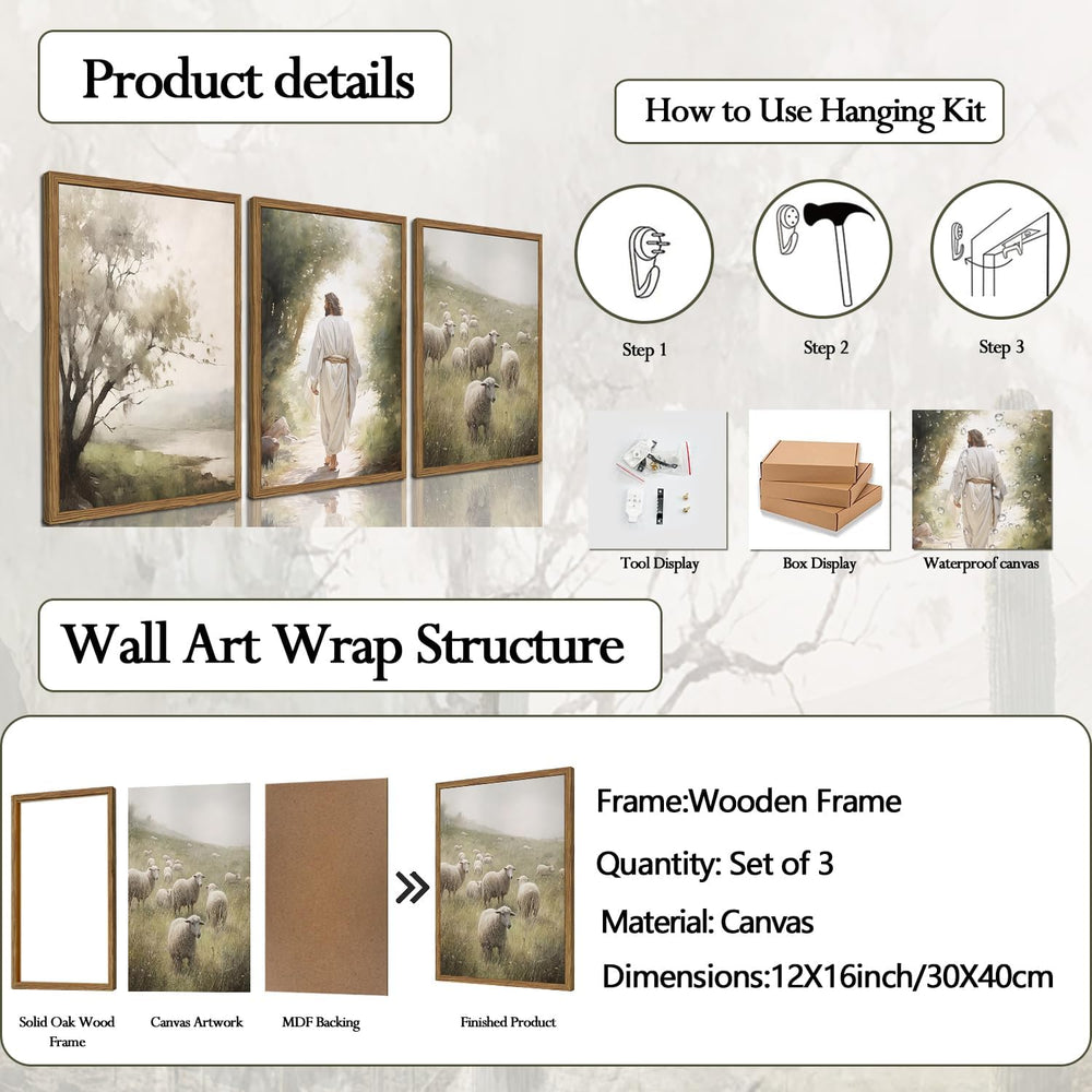 Framed Jesus Leaves the 99 Sheep Canvas Wall Art Set of 3, Christian Pictures...