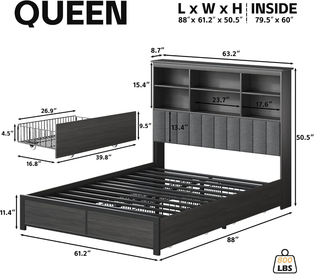HISOFT Queen Bed Frame with Storage Headboard, Wooden Bed with High Storage B...
