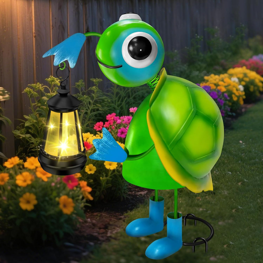 Solar Garden Lights 13.78in Metal Turtle Statue with Solar Lantern Lights