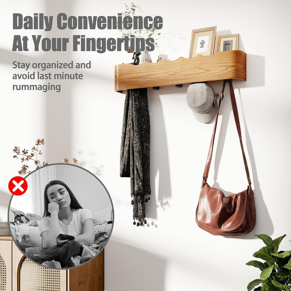 Coat Rack Wall Mount with Shelf 4 Hidden Hooks Modern Wooden Key Holder Entry...
