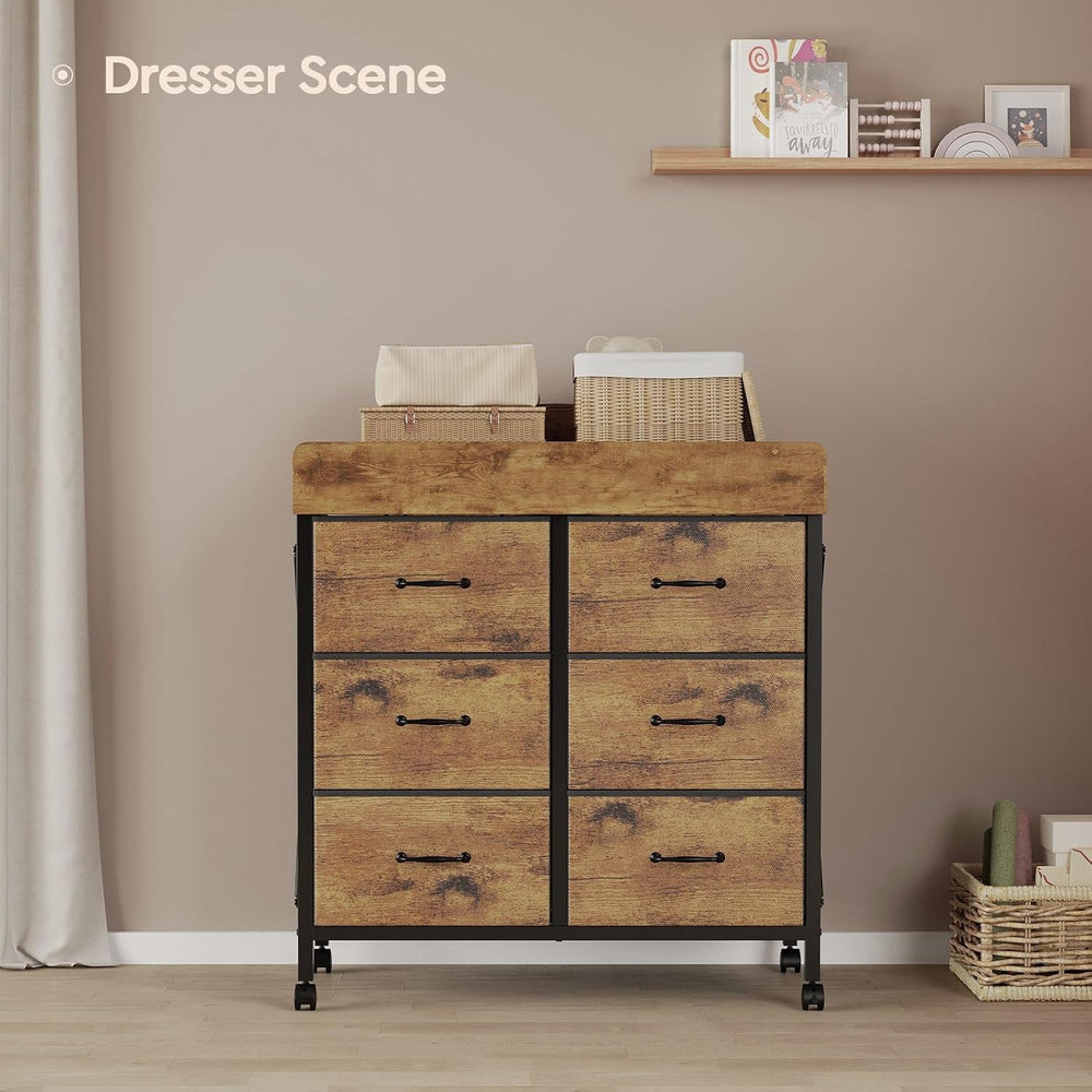 YeTom Changing Table Dresser, 6 Fabric Drawers, Mobile Storage, Brown