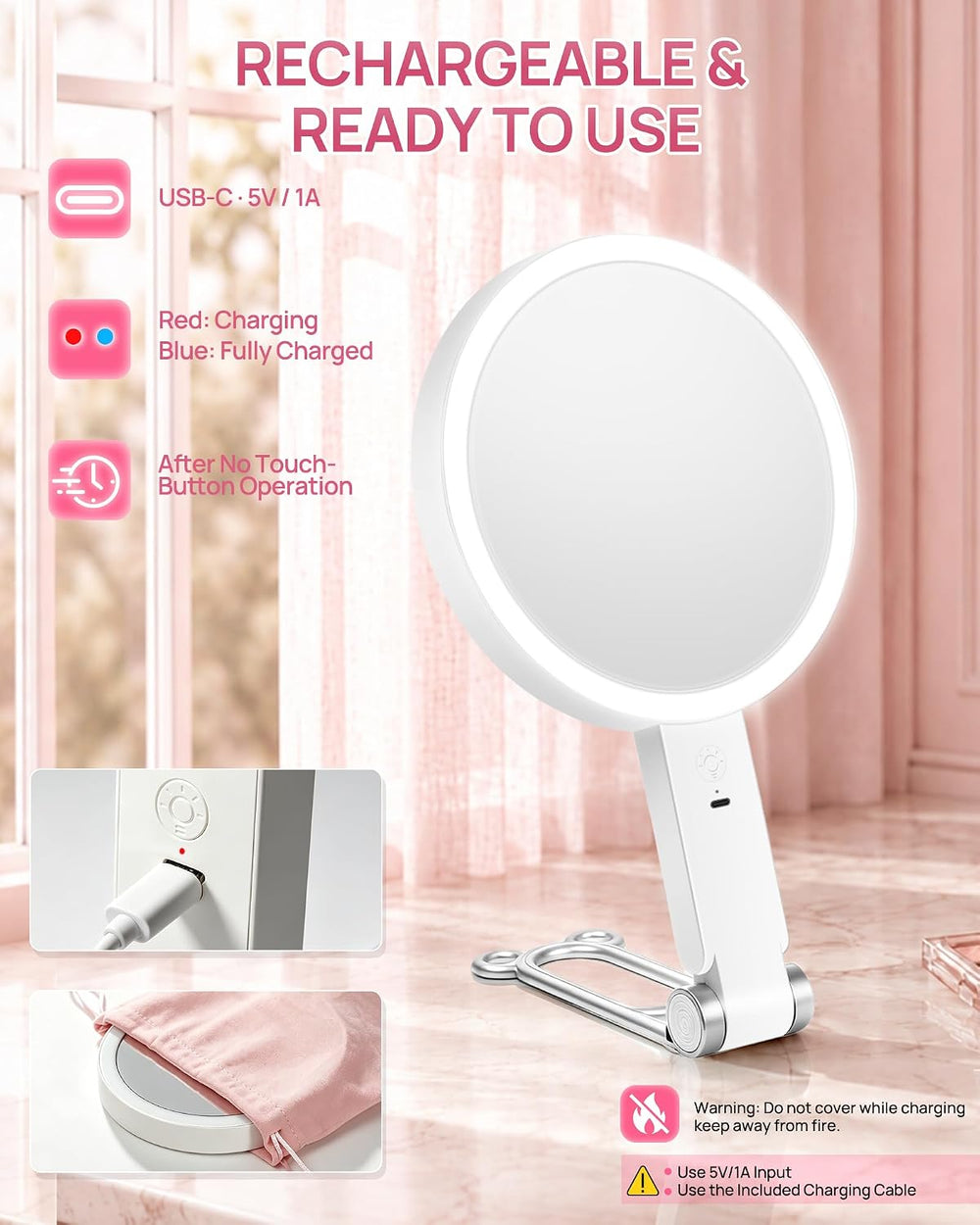 Buqikma Travel Lighted Makeup Mirror 1X/10X Magnifying Mirror with Lights
