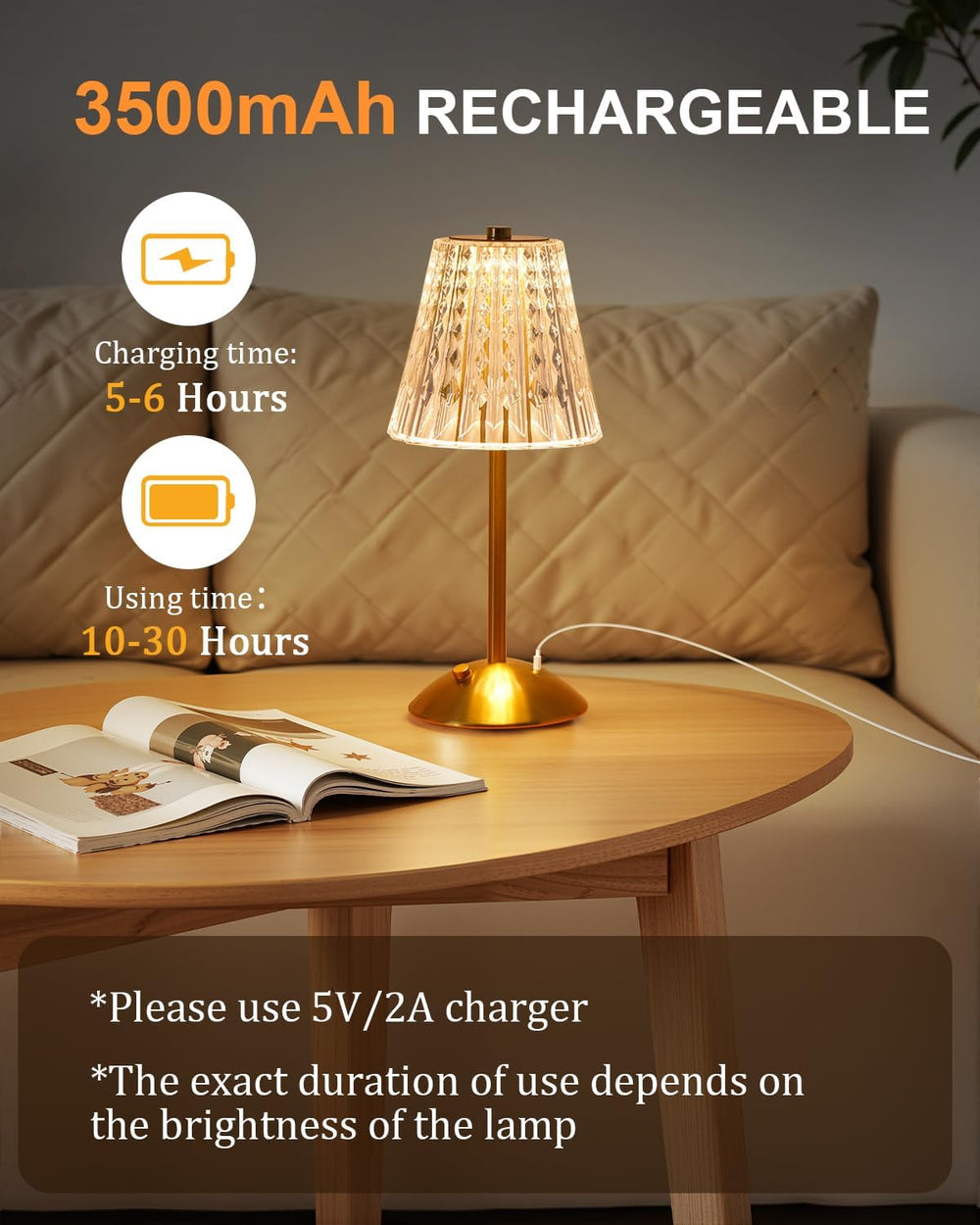 Nusogon 2 Pack Cordless Crystal Table Lamps, Rechargeable Touch Lamp
