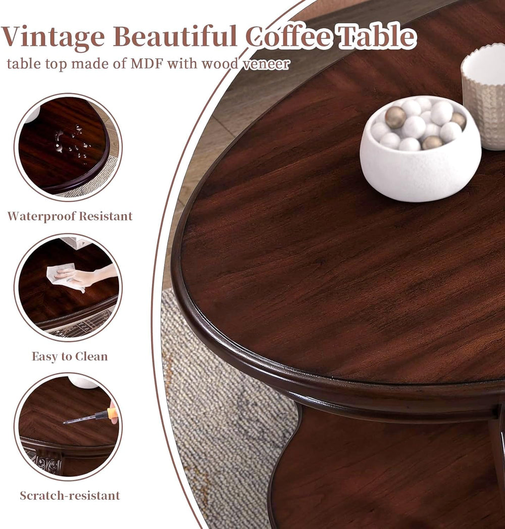 LKTART 42" Vintage Oval Coffee Table, 2 Tier with Storage Shelf, Cherry