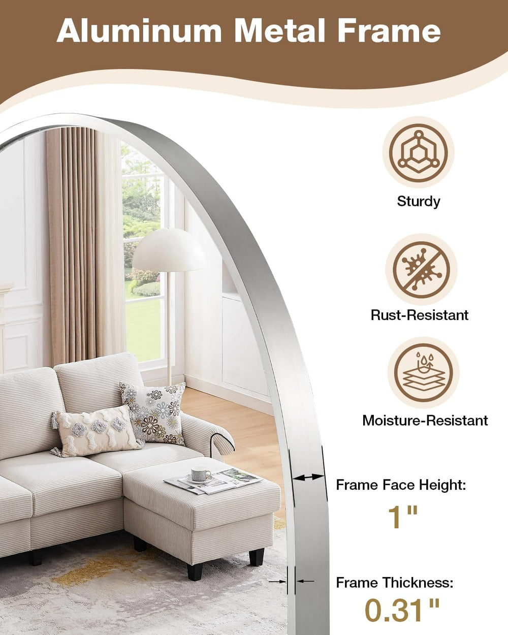 24"x36" Arched Bathroom Vanity Mirror, Brushed Nickel Aluminum Frame