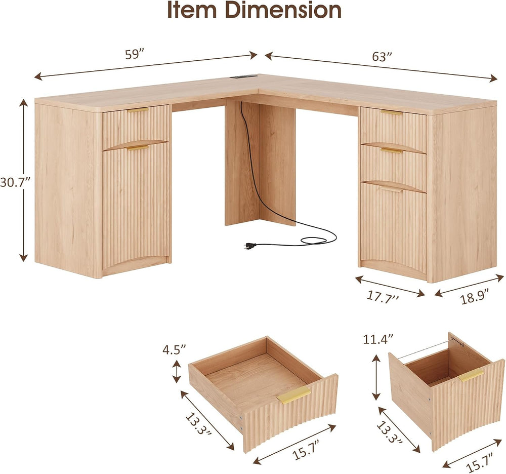 Whalefall 63'' Fluted L Shaped Desk with Drawers, Natural Oak