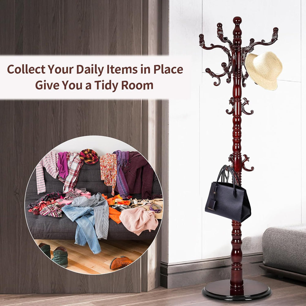Coat Racks Wooden Freestanding Mahogany Tree Rack, Black Red