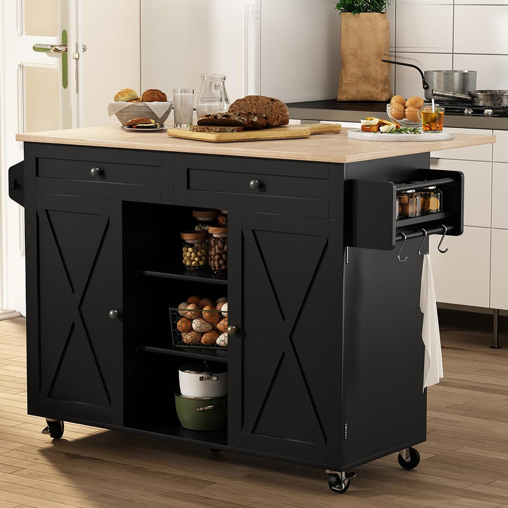 HLR Farmhouse Kitchen Island On Wheels, Black