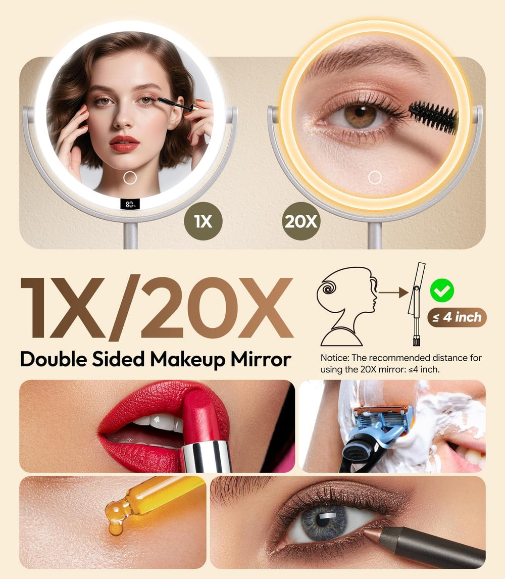 8" ABS Lighted Makeup Mirror with Lights, 20X Magnifying Mirror with Light