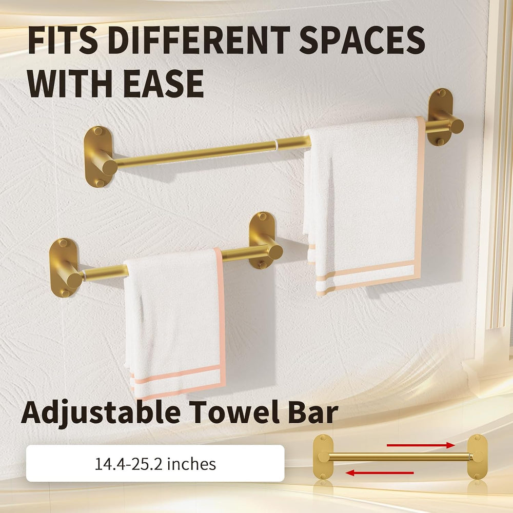 5-Piece Bathroom Hardware Set, Adhesive or Drill Wall Mount, Gold