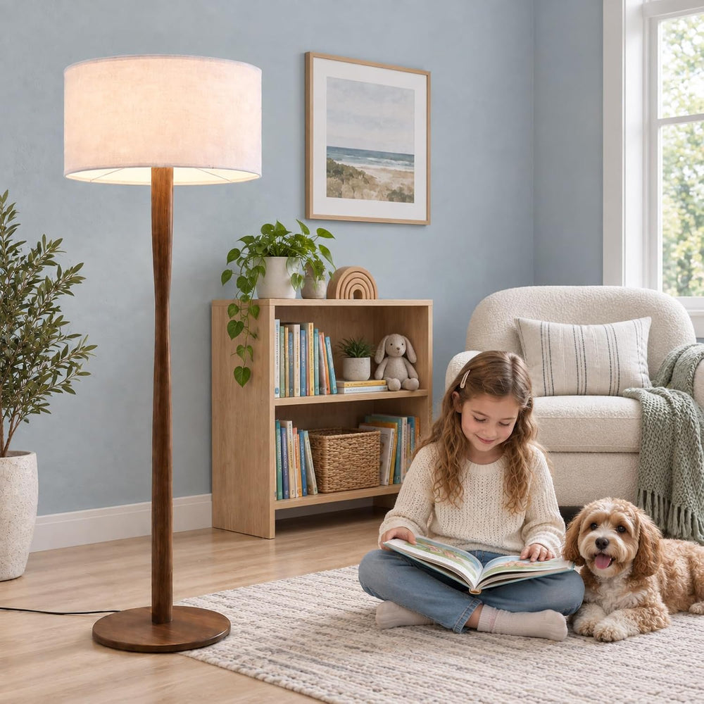62" Tall Rustic Walnut Wood Floor Lamp with Large Linen Shade, White