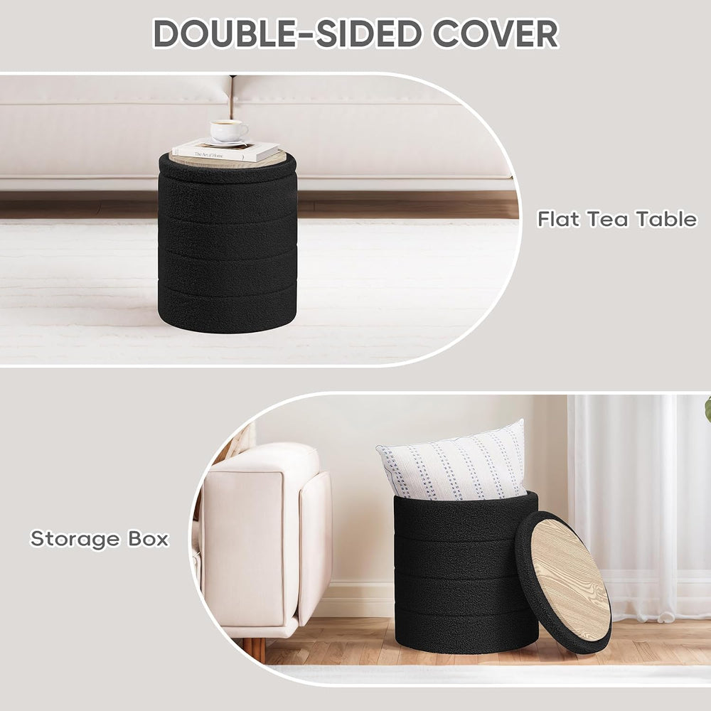 PINPLUS Compact Round Folding Storage Ottoman, Black Boucle Footstool