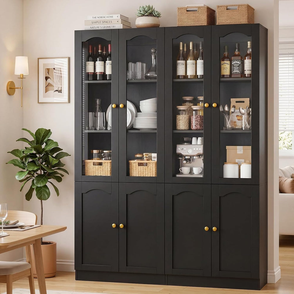 Cyclysio 80" Tall Bookcase with Arched Glass Doors, Adjustable Shelf, Black