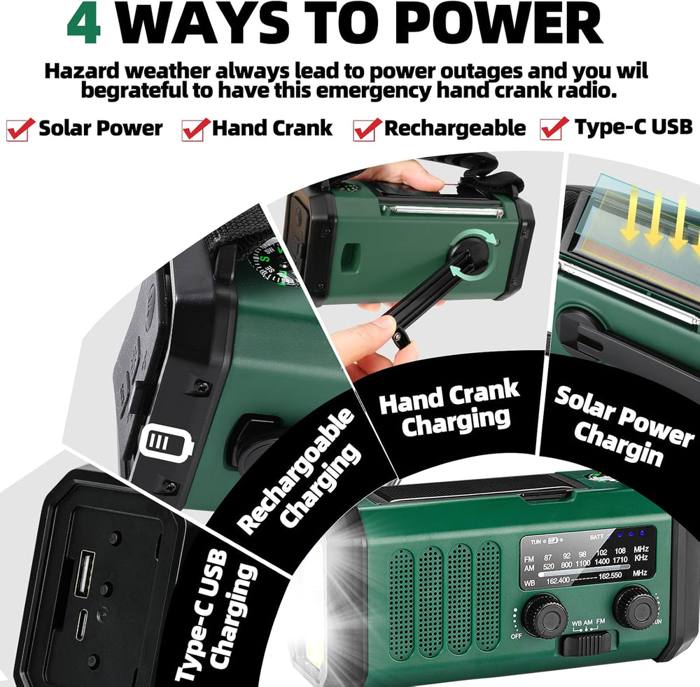 QAUYYW Hand Crank Emergency Radio, 10000mAh Solar AM/FM Weather Radio