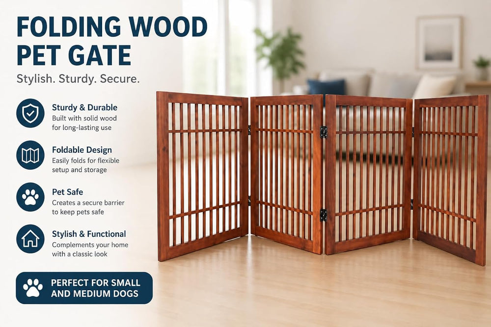 Urnporium Freestanding Wooden Dog Gate Foldable Indoor Pet Gate No Drill Expa...