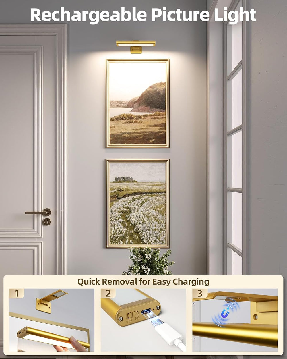 EZVALO Picture Light for Wall, Rechargeable Stick on with Remote(3P)