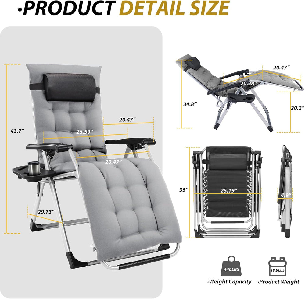 Premium Outdoor Chaise Lounge Chairs, Oversized Zero Gravity Chair, Grey