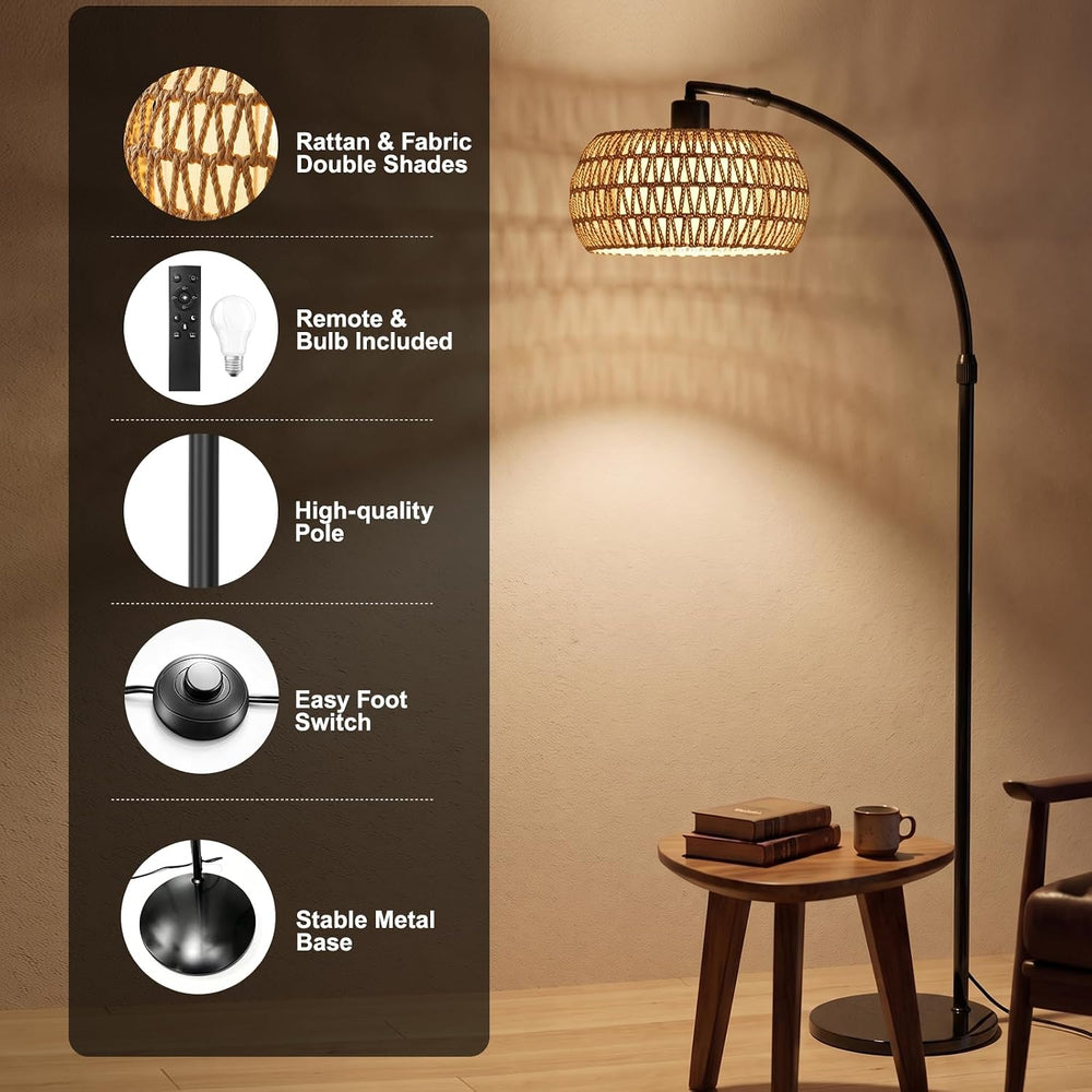 Arc Floor Lamp for Living Room, Rattan Floor Lamp with Remote Control