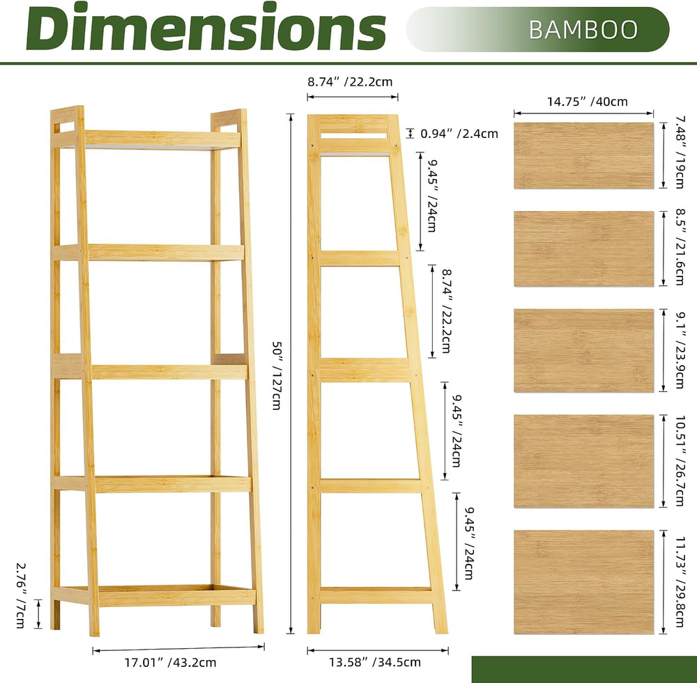 Bookshelf, 5 Tier Ladder Bookcase with Bamboo Frame, Freestanding Tall Narrow...