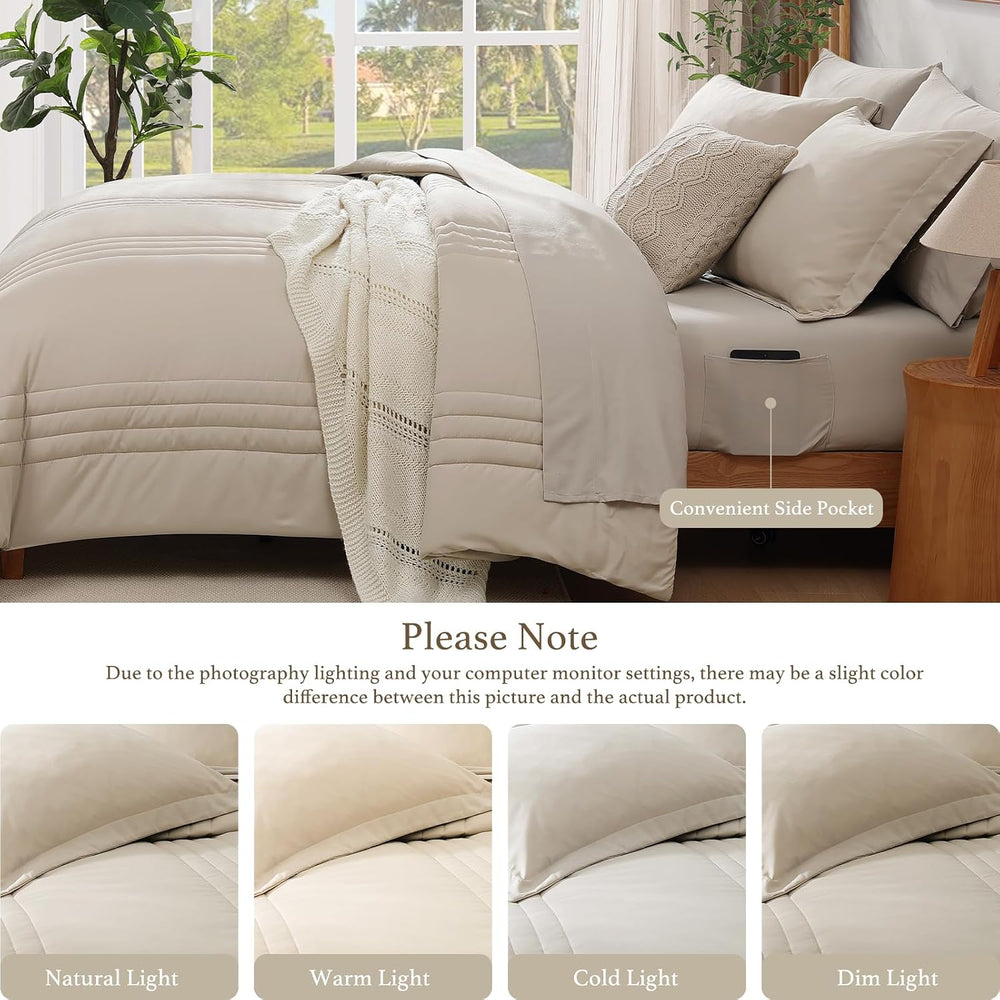Full Size Comforter Sets-7 Pieces Beige Soft Bed in a Bag Full Bedding Sets