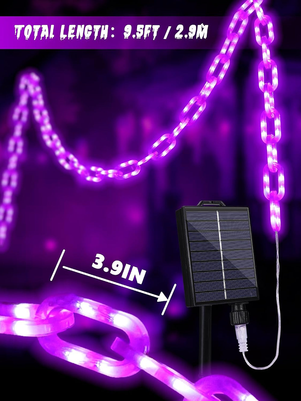 Solar Halloween Chain Lights 10 FT 160 LED Purple Light-Up Plastic 8 Modes