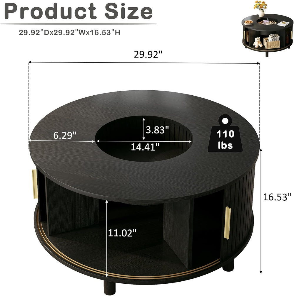 LVB Black Coffee Table Round, Wood Living Room Table with Storage for Home