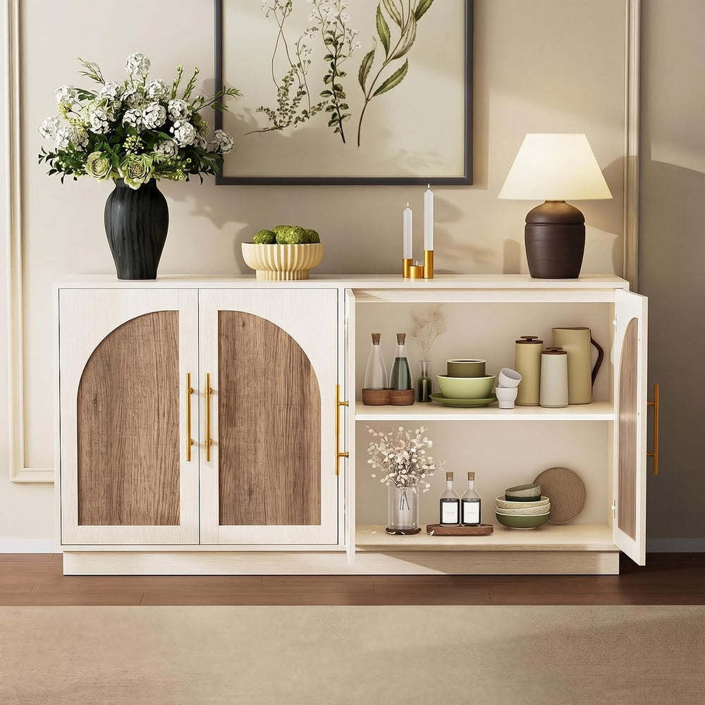 62'' Mid Century Modern Buffet Cabinet with Arch Doors, White and Nat...