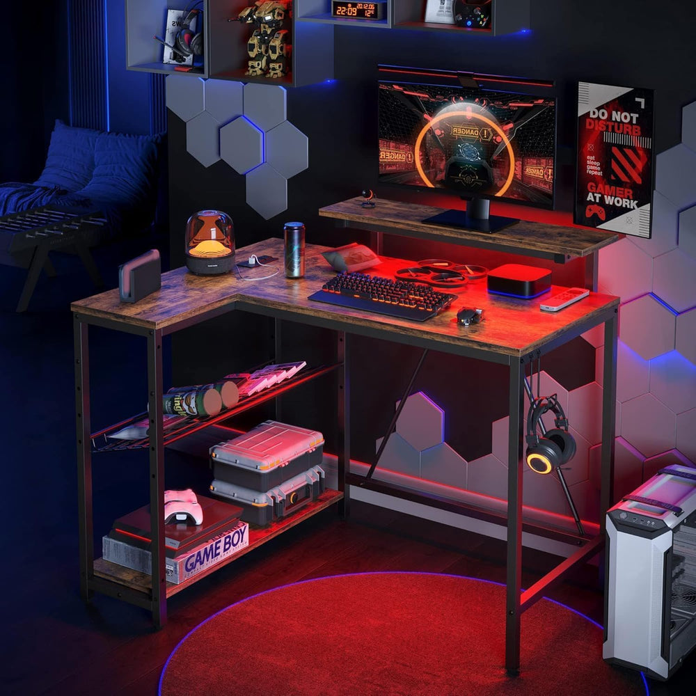 Bestier 42-Inch L-Shaped Gaming Desk with Charging & LED, Rustic Brown