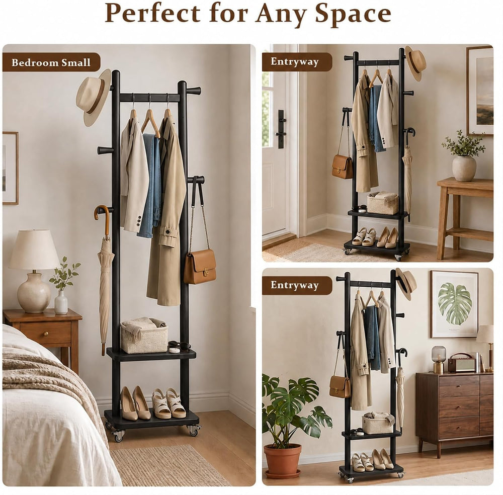 Taitiy Small Clothes Rack Solid Wood Coat Rack Freestanding with Wheels