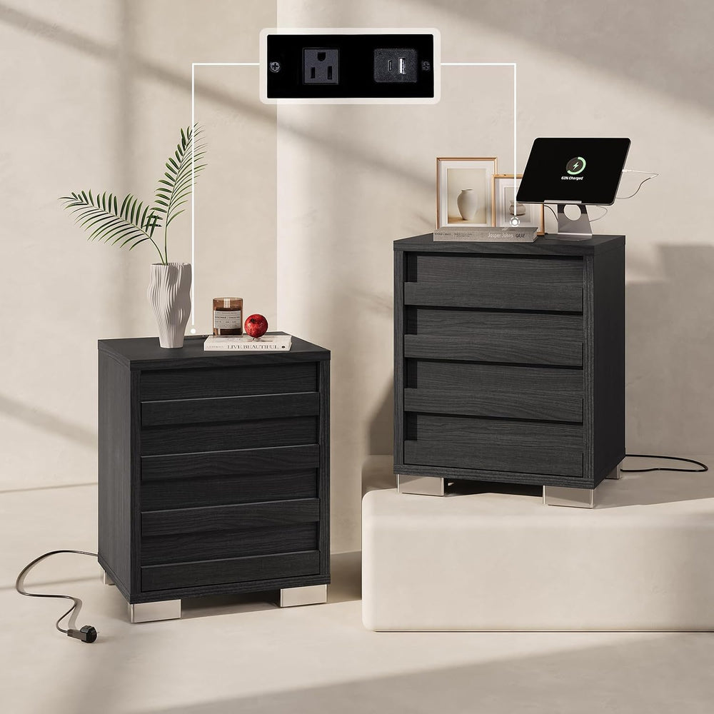LUXOAK 3 Piece Slatted Bedroom Set Full Bed Frame & 2 Nightstands, Black