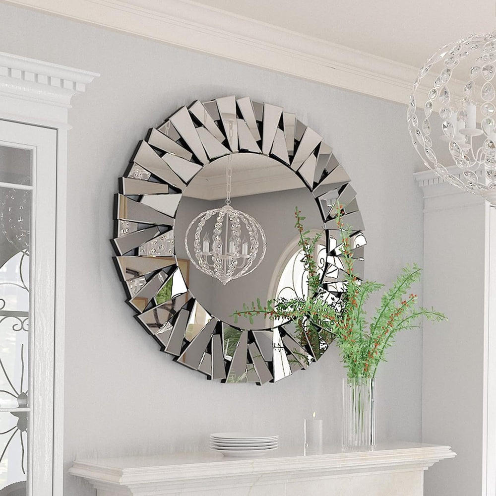 Decorative Mirror Round Silver: 31.5in Wall Vanity-Mirror Beveled