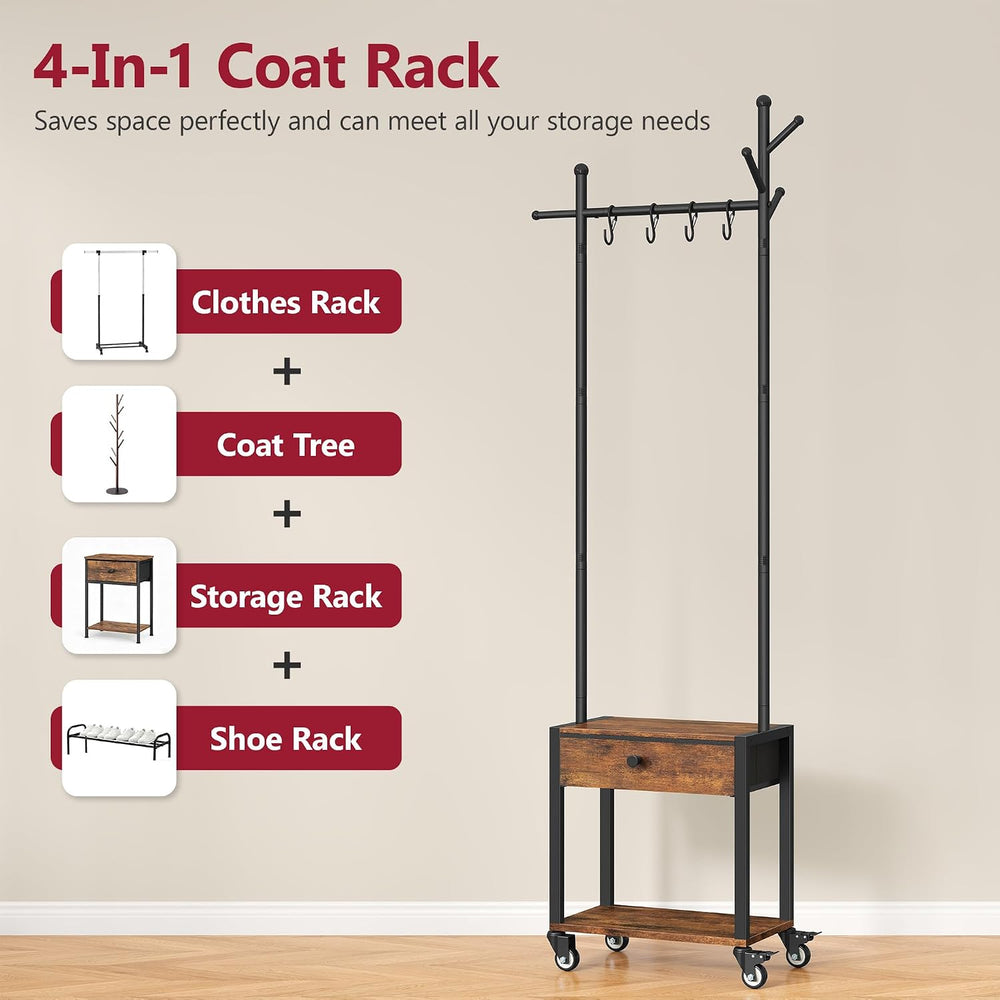 Tajsoon Coat Rack Freestanding with Lockable Wheel, Coat Stand with Drawer