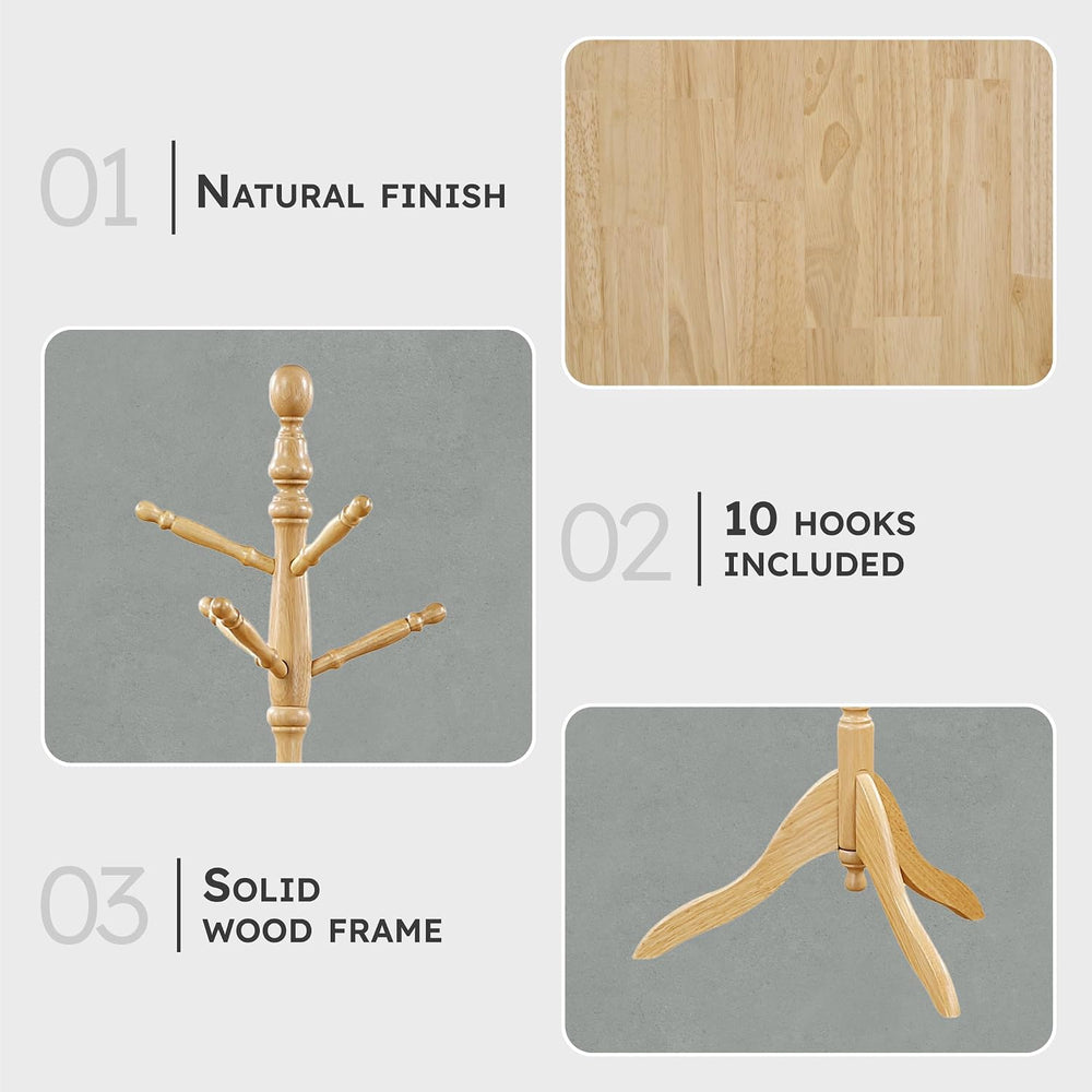 Lexicon Wooden Coat Rack Stand, 3-Tier, 10 Hanging Hooks, Natural