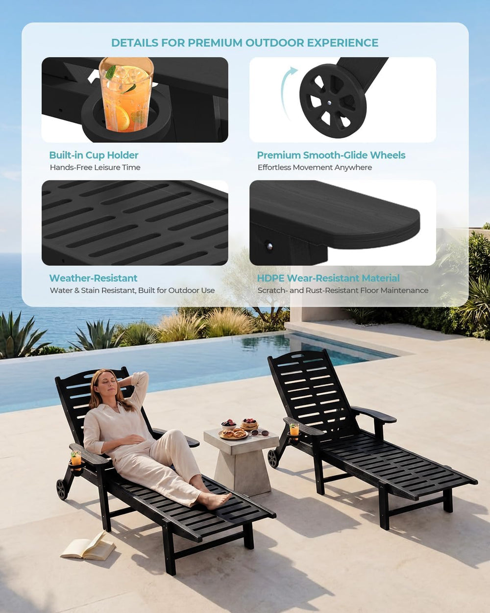 Ciokea Outdoor Chaise Lounge Chair, 5-Position Adjustable, Black