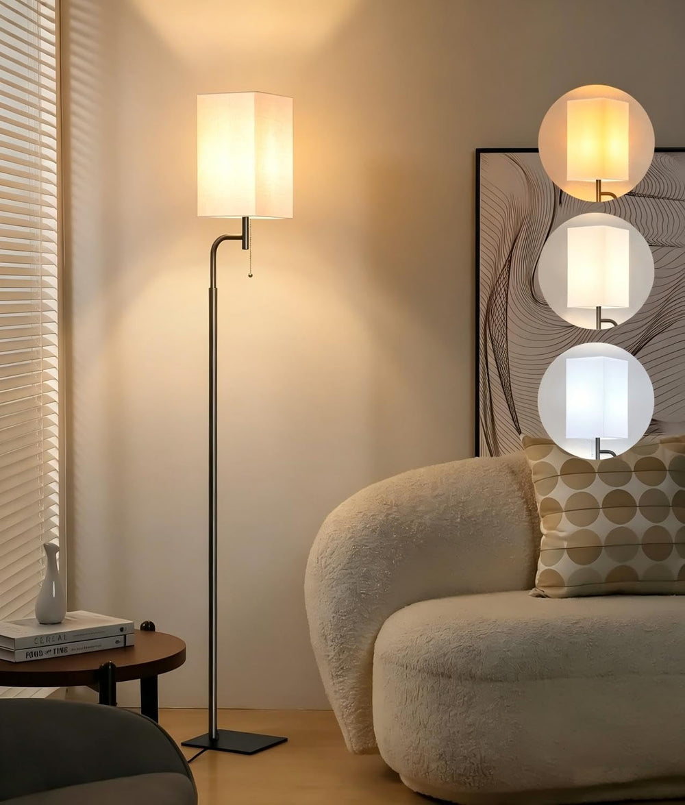 Modern Floor Lamp for Living Room, Linen Shade with Slim Base Design