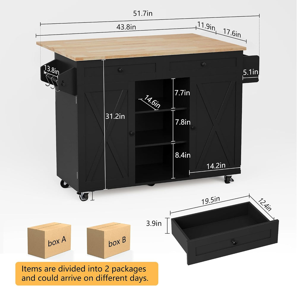 HLR Farmhouse Kitchen Island On Wheels, Black