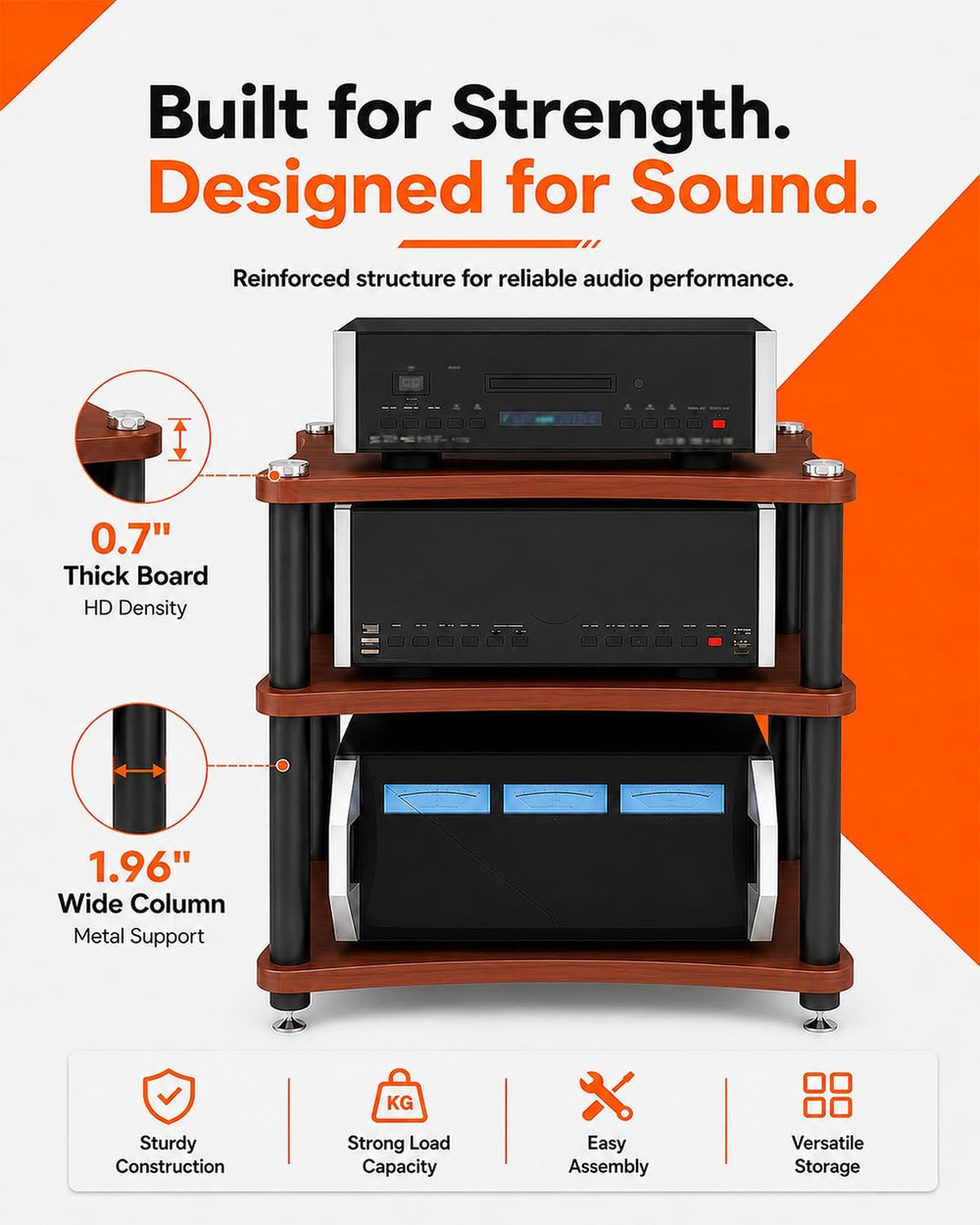 Heavy Duty 3-Tier AV Media Stand, 264 lb Load Capacity, Teak