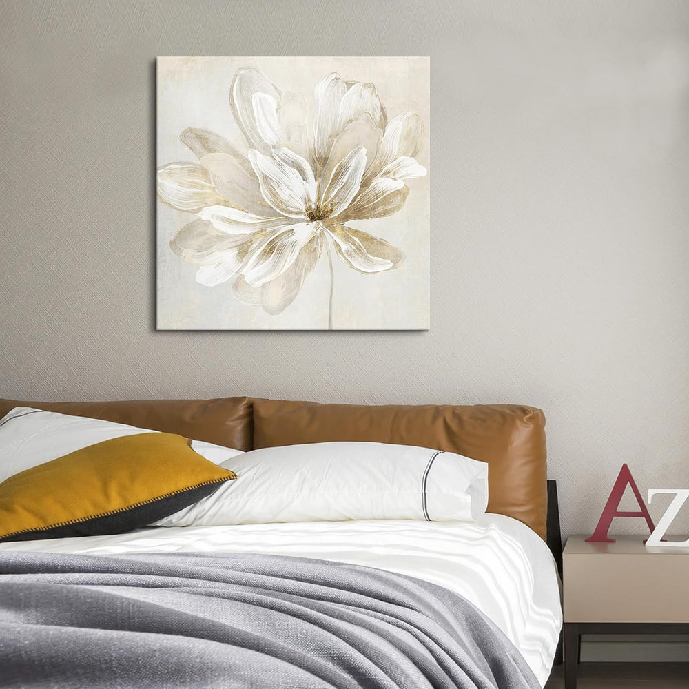 SEVEN WALL ARTS White Flower Wall Art Beige and Gold Blooming Flower Abstract...