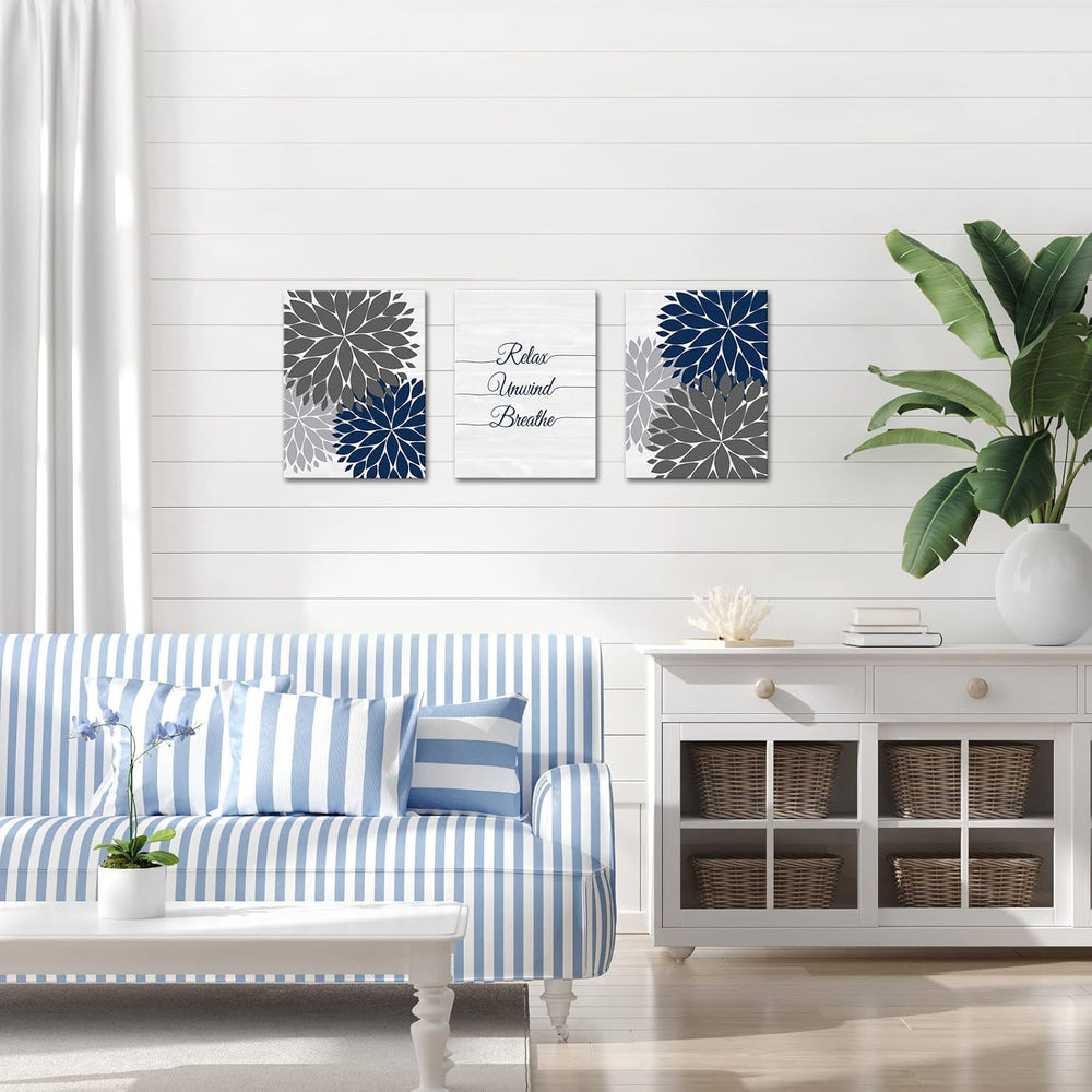 iHAPPYWALL 3 Pieces Relax Unwind Navy Bathroom Wall Art Blue and Grey Bath Fl...