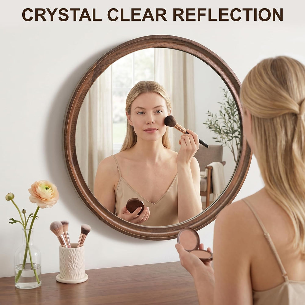 FICTOR Round Wood Mirror, 24" Circle Mirrors for Wall Decor, Walnut Brown