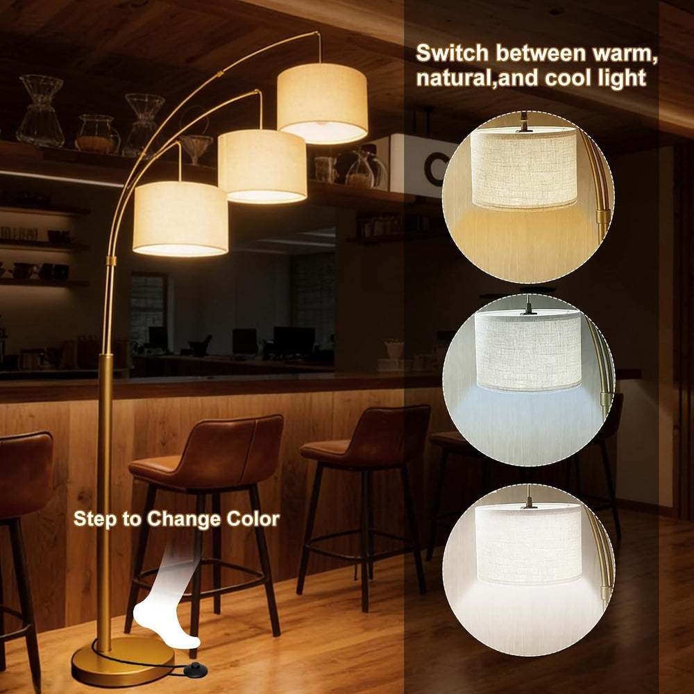 3-Light Dimmable Arc Floor Lamp, LED Tall Standing Lamp with Remote
