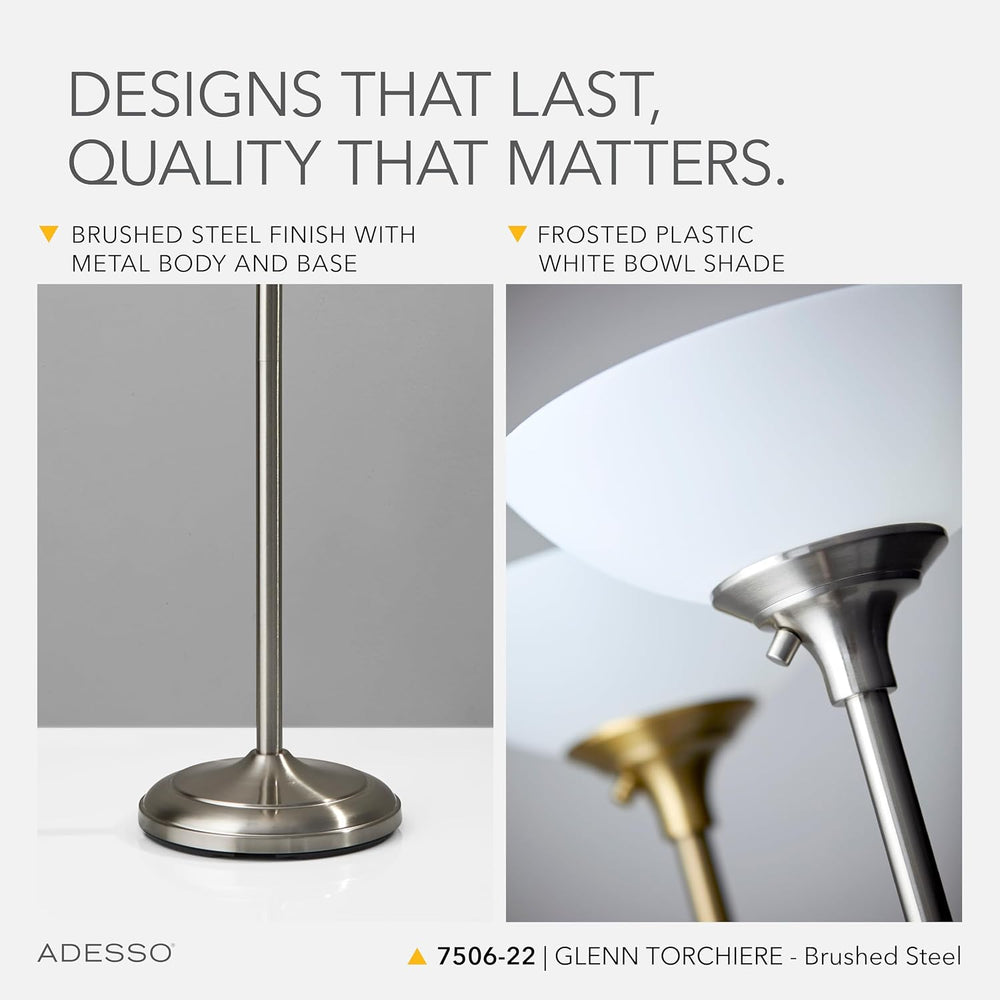 Adesso Dual-Socket Floor Lamp, Brushed Steel & White, 3-Way, 71”