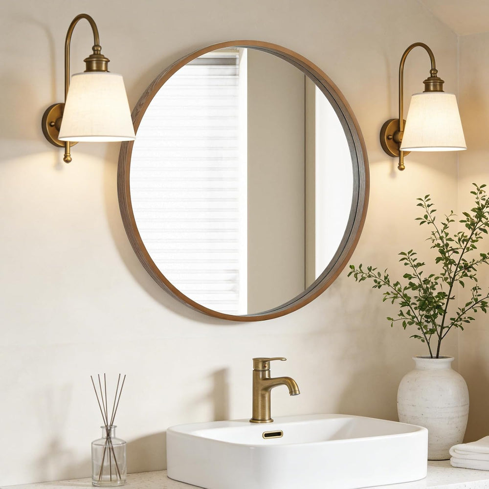 WallBeyond Wood Round Mirror with Wood Frame 24 inch Circle Wall Mirror for B...