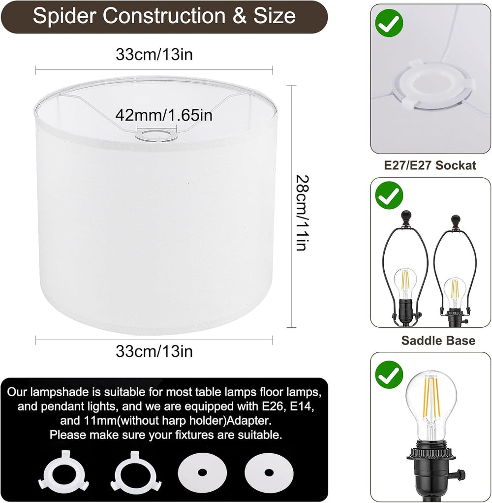 White Lamp Shade, Large Drum Lampshade 13" Top x 13" Bottom x 11&qu...