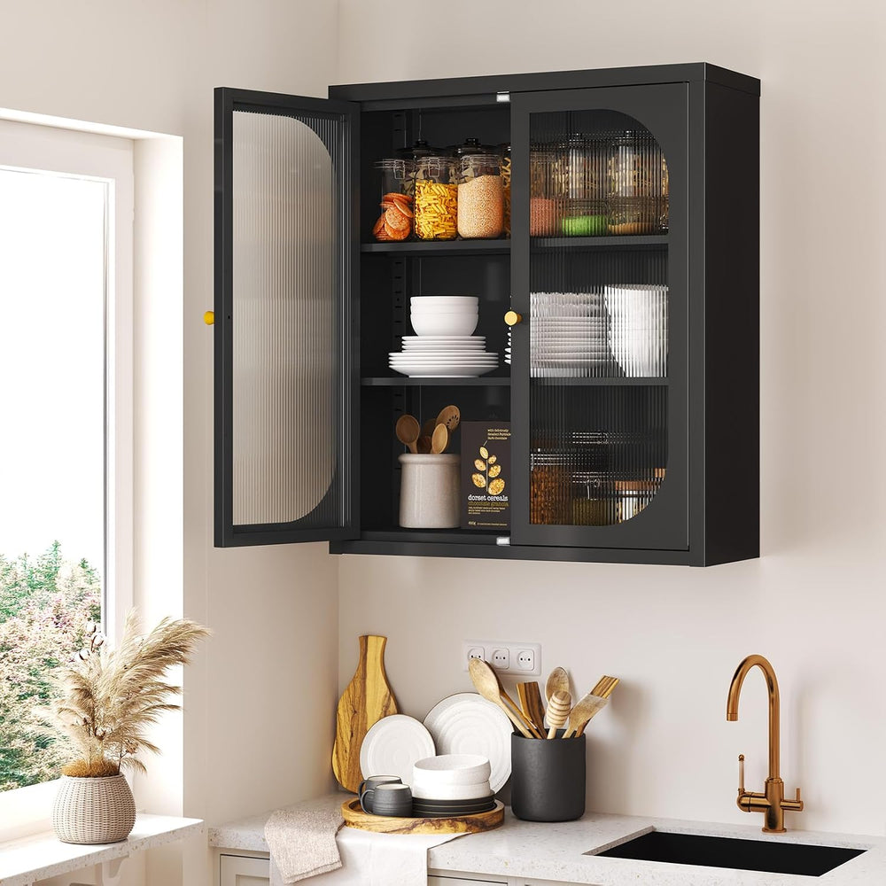 Bathroom Wall Cabinet with Fluted Doors, Fully Enclosed Metal Wall Cabinet